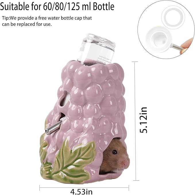 Hamster Water Bottle, Grape Ceramic Hamster Water Dispenser for Glass Tank,125ML Water Bottle Holder with 2 No Drip Caps for Syrian Mice,Gerbil