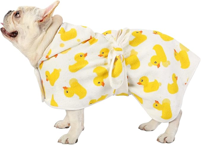 HDE Dog Bathrobe Super Absorbent Quick Drying Puppy Towel Wrap Coat Adjustable After Bath Robes with Hood for Dog Sizes S-XXL White Rubber Ducks S