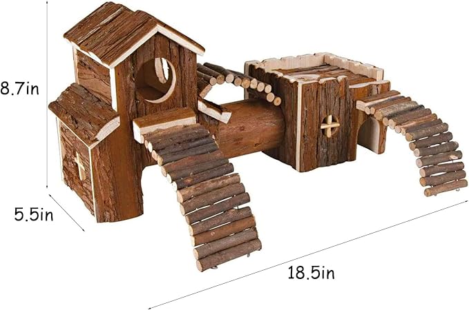 Natural Wooden Hamster Tunnel Playground Small Animal Multi-Room Hideout Houses with Climbing Ladders and Bridges for Dwarf Hamster Mice Gerbil (18.5x8.7x6in)