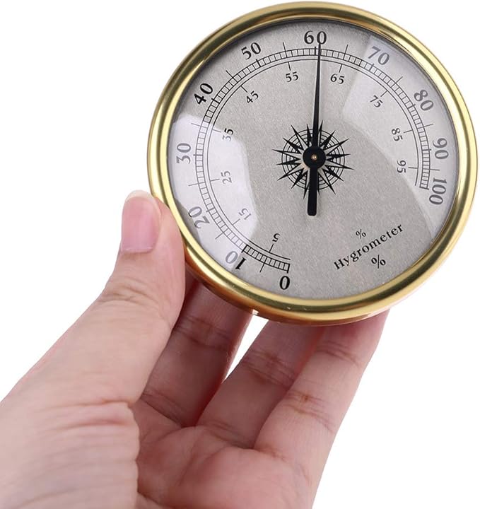 7.2cm Gold Rings Surface Hygrometer, Analog Humidity & Temperature Gauge, No Battery Needed, Elastic Mounting Rings, for Guitar Cases, Incubators, Greenhouses