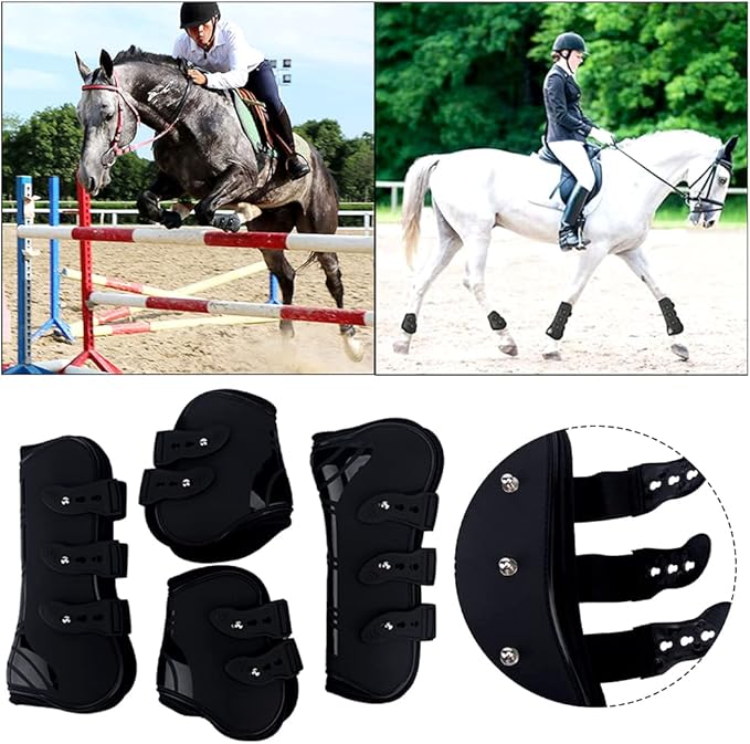 MAYiT Horse Tendon Boots (4 pcs - Front & Hind), PU Shell Tendon Fetlock Brace Guard Boots for Riding Shock Absorbing Jumping Competition Protection