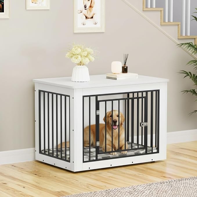 DWVO Dog Crate Furniture, 38 Inch Dog Kennel Indoor Furniture End Table for Dogs, Farmhouse Decorative Wooden Cage, Chew-Resistant, White
