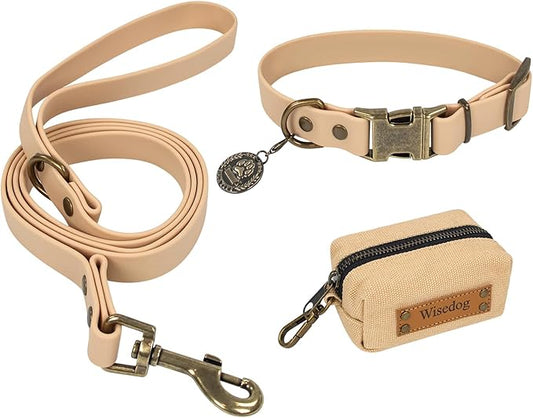 Wisedog Waterproof Dog Collar and Leash Set, Adjustable Puppy Collar with Cute Tag 6FT Dog Leash with Poop Bag for Small Medium Large Dogs (XL, Sand Color)