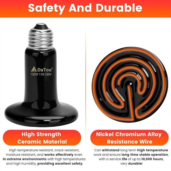 DaToo Ceramic Reptile Heat Lamp 150W Ceramic Heat Emitter E26 No Light Night Heat Bulb for Reptile Terrarium Tank Lizards Snakes Hedgehogs Turtles Cats Dogs Chicken
