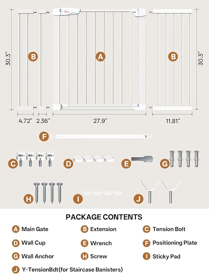 Baby Gate for Indoor Stairs & Doorways: Wide Expandable 27.9-46.8" Metal Safety Gate - Toddler Pets 30" Tall Dog Gate with Easy Install Pressure Mount Dual Lock & 2-Way Swing, White.