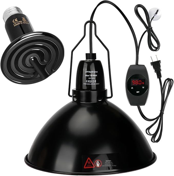 XFP Reptile Light Fixture with Thermostatic Timer, 5.5'' Reptile Heat Lamp Fixture, Added Switch Control Function with 300W Heat Lamp Bulbs for Reptile Glass Terrariums
