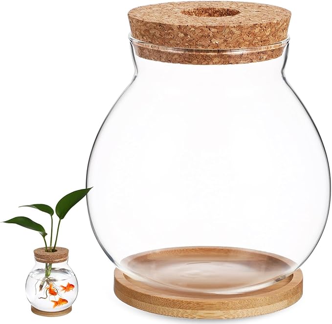 POPETPOP Desktop Glass Fish Bowl - Round Small Fish Tank with Wood Stopper & Bamboo Mat, Clear Glass Betta Fish Bowl for Succulent Plants, Hydroponic Air Plant (5.1X5.5 in)