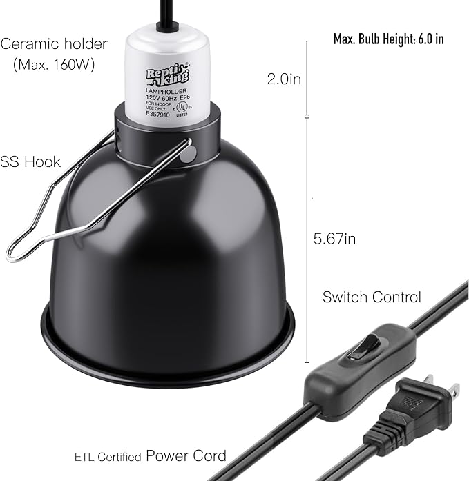 Reptile Light Fixture, 5.5'' Deep Dome for Reptile Light/Heat Lamp/UVB Light, 1-Pack 5.5 Inch Deep UVB Bulb Holder