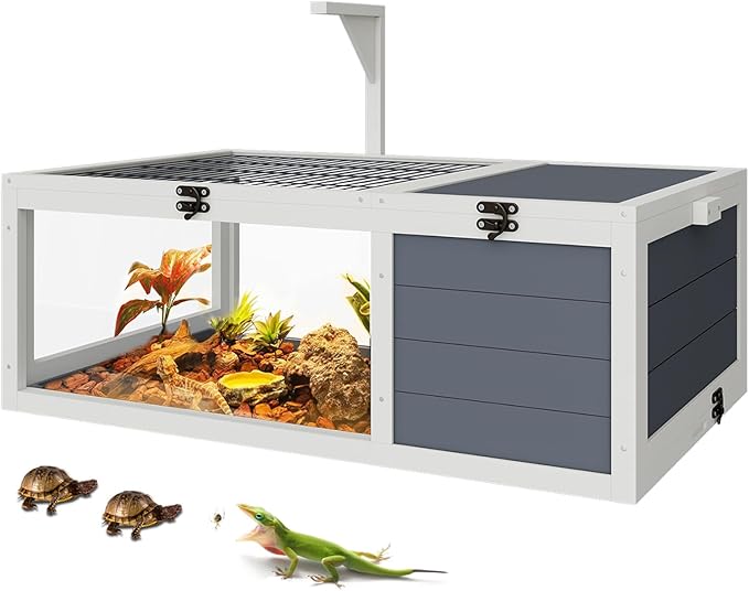Turtle Habitat Enclosure, Large Wooden Tortoise House for Indoor and Outdoor Use, Reptile Enclosure with Openable Roof & Secure Locking System (White)