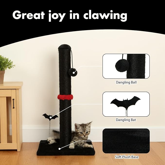 MECOOL Cat Scratching Post Premium Sisal Scratch Posts with Hanging Ball Vertical Scratcher for Indoor Cats and Kittens,Black - Image 2