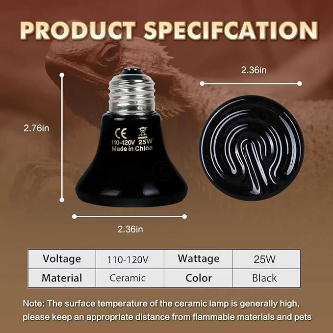 2-Pack Ceramic Heat Emitter Lamp 0.2inch(60mm)?€? 25W, Non-Light Emitting, 24/7 Safe Heat for Reptiles & Small Pets, E26
