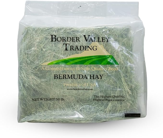 Border Valley Bermuda Grass Hay Bale in Bag, 40 lb, High Fiber Hay for Rabbits, Guinea Pigs, Chinchillas, Tortoises, Horses and Livestock - Soft Textured Grass, Farm-to-Home Freshness