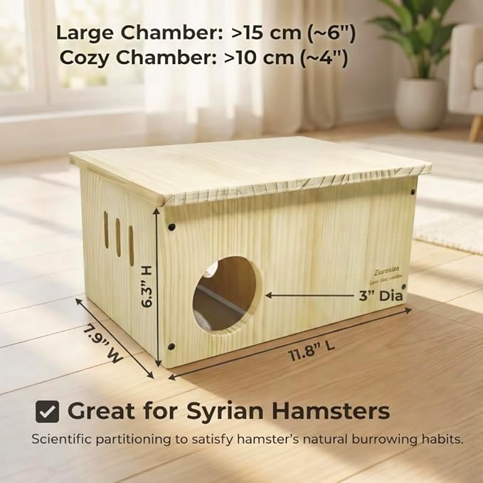 Solid Pine Multi Chamber Hamster Hideout House Removable Divider 3" Entrance for Syrian Hamsters 11.8" x 7.9" x 6.3" Natural Wood Nesting Hide House Small Pet Cage Habitat Accessory