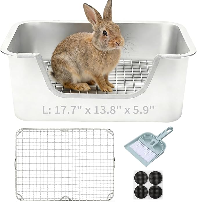 Stainless Steel Rabbit Litter Box – Large Bunny Litter Box with Grate, No Odor, Easy Clean Metal Rabbit Toilet for Indoor Cage