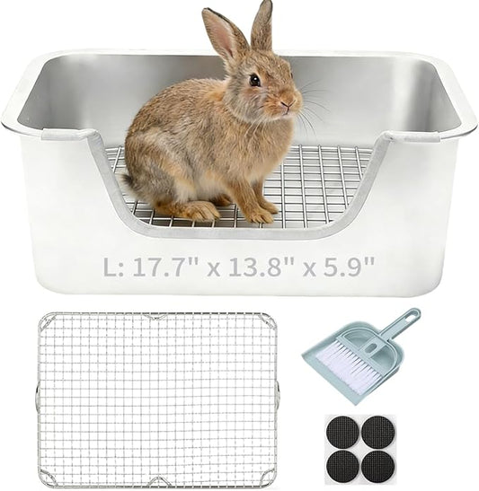 Stainless Steel Rabbit Litter Box – Large Bunny Litter Box with Grate, No Odor, Easy Clean Metal Rabbit Toilet for Indoor Cage