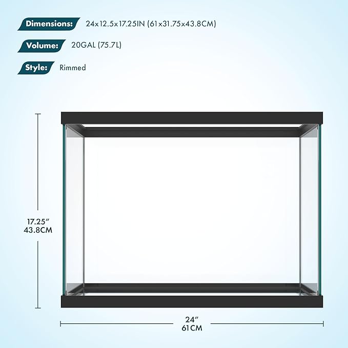 SubstrateSource 20 Gallon Glass Aquarium - 24 x 12.5 x 17.25 in - Large Clear Rectangular Rimmed Freshwater/Saltwater Fish Tank for Betta, Goldfish, Guppy, Shrimp for Home or Office Aquascaping