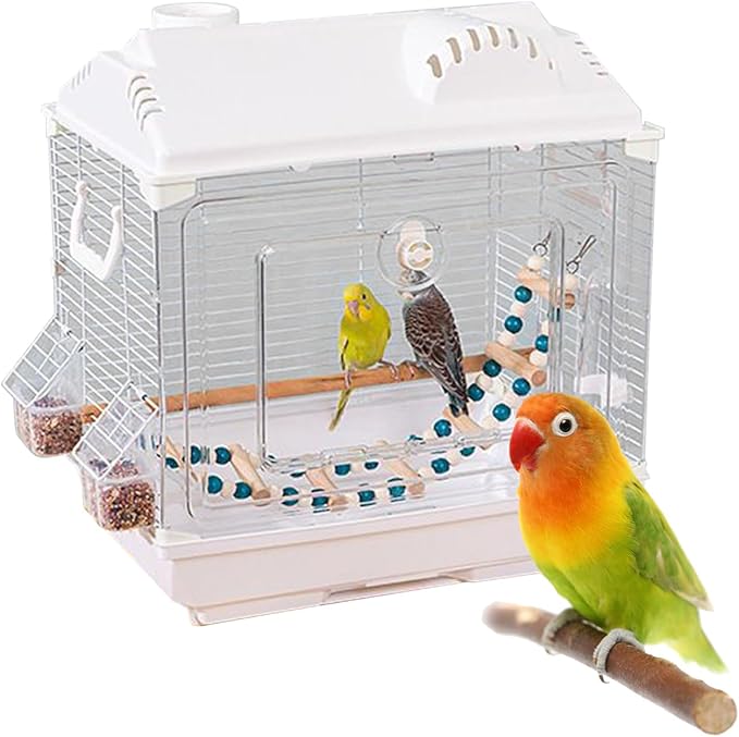 Small Bird Cage, 40x28x43cm Iron Wire Lightweight Parakeet Carrier in White, Gray with Wooden Perch, Ladder, Food Box, Kettle for Cockatiel, Lovebird, Conure