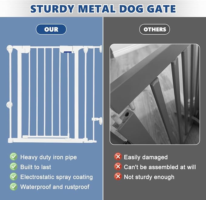 AGESISI Freestanding Dog Gates with Door Walk Through, Extra Wide Doggy Door 100" W x 29" H Pet Gate Safty 4 Panels Dog Fence for Stairs, Doorways, White