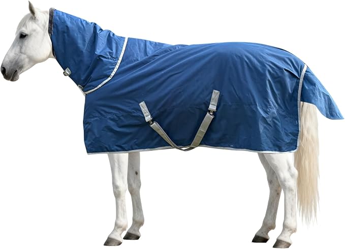 1600D Winter Horse Turnout Blanket Medium Weight Horse Blankets with Neck Cover Leg Straps (220g Fill) (80 in)