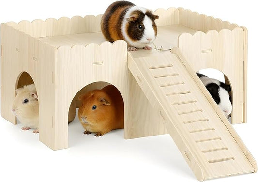 1 Set Guinea Pig Hideout, Upgraded Wooden Guinea Pigs Castle with Stairs 14.96*9.84 Inches Detachable Guineas Pig House with Stair Large Guineas Piggy Castle for Hamsters and Chinchilla Small Animals