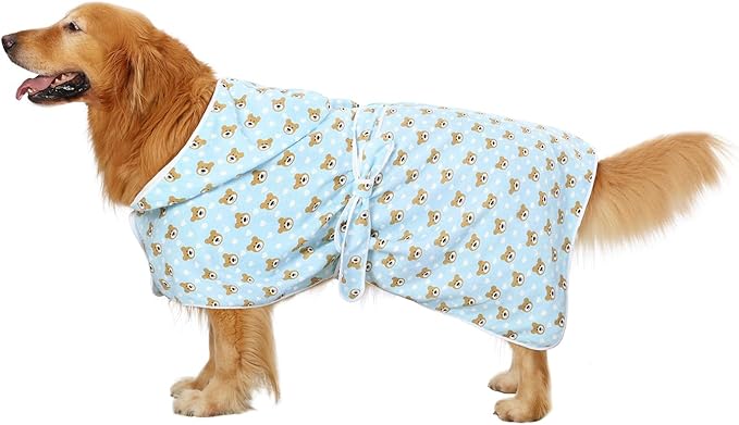 HDE Dog Bathrobe Super Absorbent Quick Drying Puppy Towel Wrap Coat Adjustable After Bath Robes with Hood for Dog Sizes S-XXL Teddy Bears L