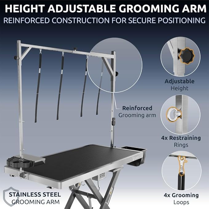 KANIS Professional Electric Dog Grooming Table - Heavy Duty, Height Adjustable Pet Grooming Table w/Leveling Wheels, Dog Grooming Arm, Anti-Slip Tabletop & Tool Organizer (Grey, 60")
