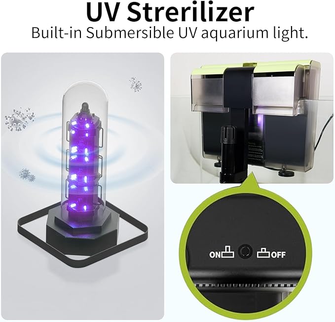 8W LED Aquarium Light Full Spectrum Clip Fish Tank Light Plants Light 360° Adjustable 2 Light Bar+4 in 1 Double Waterfall U-V Fish Tank Filter for Green Water & Algae Clean