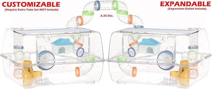 2-Tiers Acrylic Clear Hamster Mouse Deluxe Palace House Habitat with Large Running Wheel Water Bottle Tower Food Bowl Hide House Deep Base Ground Expansion Outlet