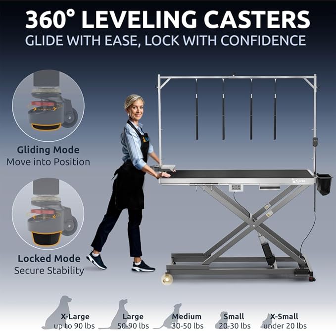KANIS Professional Electric Dog Grooming Table - Heavy Duty, Height Adjustable Pet Grooming Table w/Leveling Wheels, Dog Grooming Arm, Anti-Slip Tabletop & Tool Organizer (Grey, 60")