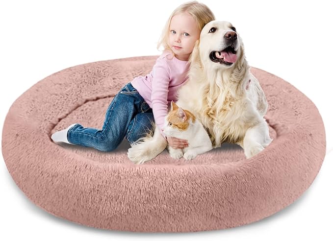 SAVFOX 54 inches Calming Donut Dog Bed - 3X Durable Plush Faux Fur, Machine Washable & Non-Slip, Fits up to 210 lbs, Removable Cover, Pink
