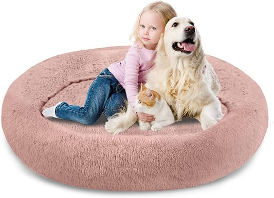 SAVFOX 54 inches Calming Donut Dog Bed - 3X Durable Plush Faux Fur, Machine Washable & Non-Slip, Fits up to 210 lbs, Removable Cover, Pink