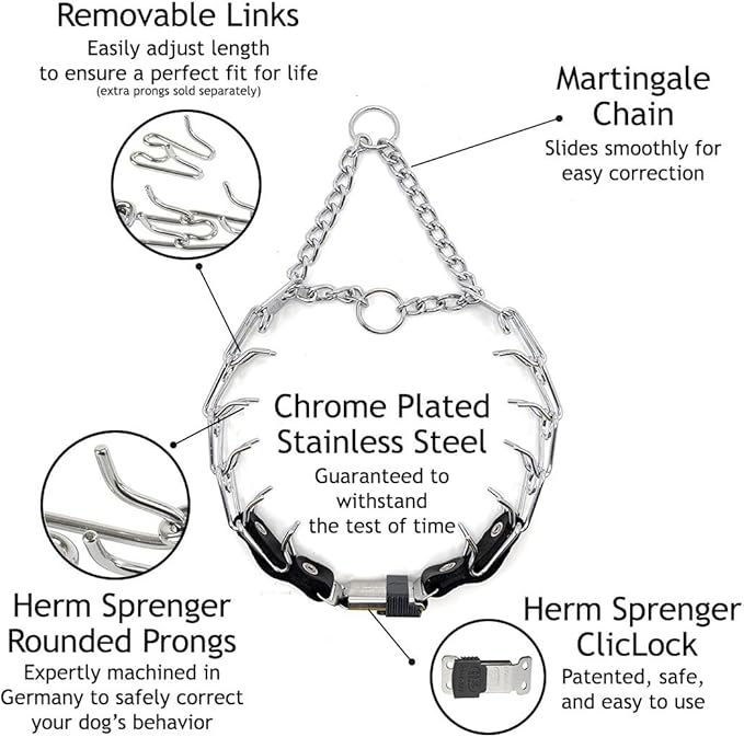 Herm Sprenger Prong Collar for Dog Training with Easy Quick Release Cliclock & ORing - German Made Dog Collar with Chrome Plated Steel 2.25mm Prongs for Small Dogs (14-19" Neck)