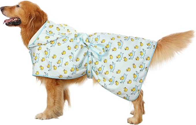 HDE Dog Bathrobe Super Absorbent Quick Drying Puppy Towel Wrap Coat Adjustable After Bath Robes with Hood for Dog Sizes S-XXL Rubber Duck Puddles XXL