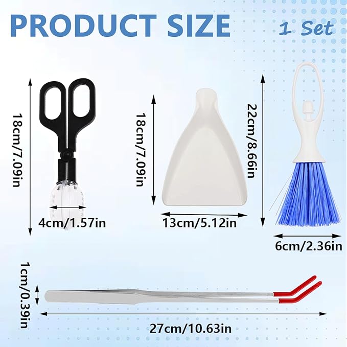 Mini Dustpan and Brush, Reptile Scoop Feeding Tool, Stainless Steel Straight Tweezers and Curved Tweezers for Reptiles, Hamsters, Hedgehogs, Rats, Guinea Pigs, Lizards and Other Small Animals(Black)