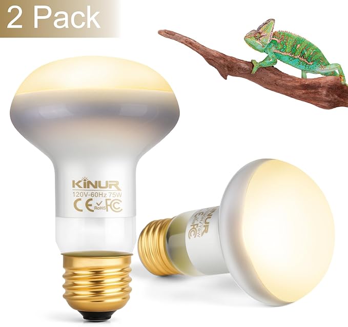 KINUR Reptile Heat Lamp Bulb-75W 2 Pack,UVA Basking Light,Natural Daylight Heating Light for Bearded Dragon,Turtle,Tortoise,Lizard,Snake,Gecko,Chicken with Digital Temperature Strips E26