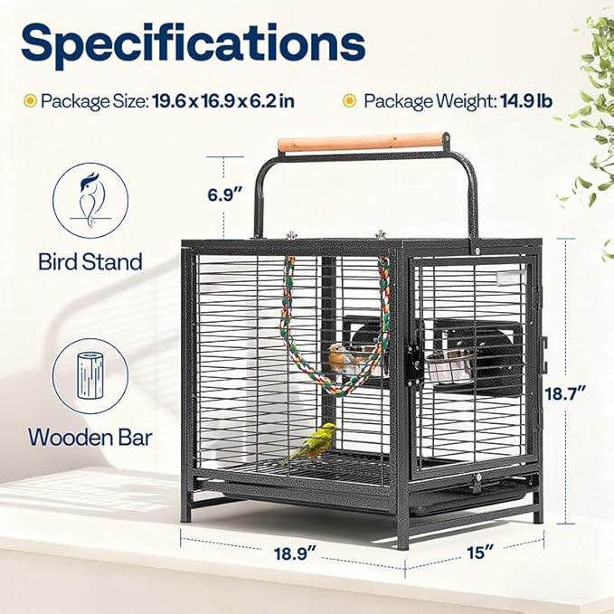 19'' Wrought Iron Portable Bird Cage Parrots Conures Lovebird Cockatiel Travel Carrier
