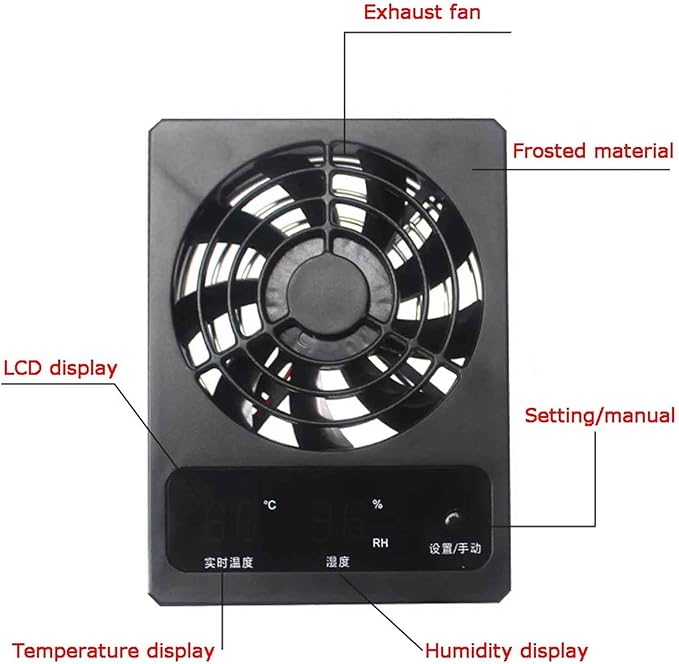 iDili Reptile Rainforest Tank Thermometer and Hygrometer, Intelligent Control Ventilation Fan Digital Display Ventilation Dehumidifica
