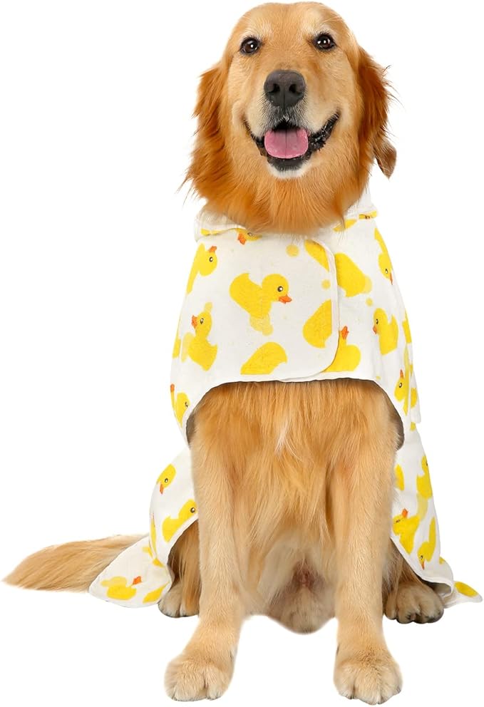 HDE Dog Bathrobe Super Absorbent Quick Drying Puppy Towel Wrap Coat Adjustable After Bath Robes with Hood for Dog Sizes S-XXL White Rubber Ducks XL