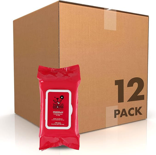 Wags & Wiggles Freshen Deodorizing Wipes for Dogs, Fresh Strawberry Scent - Dog Wipes Eliminate Odors - Easy and Convenient Way to Freshen Your Pet Without A Bath, 100 Count - 12 Pack