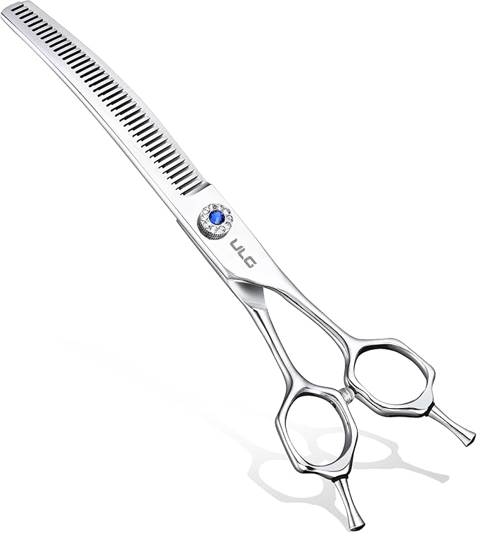 ULG Curved Thinning Dog Shears for Grooming, 7 Inch Professional Curved Thinning Dog Grooming Scissors for Blending and Thinning, 40-Tooth 15%-20% Rate 440C Stainless Steel Pet Hair Scissors