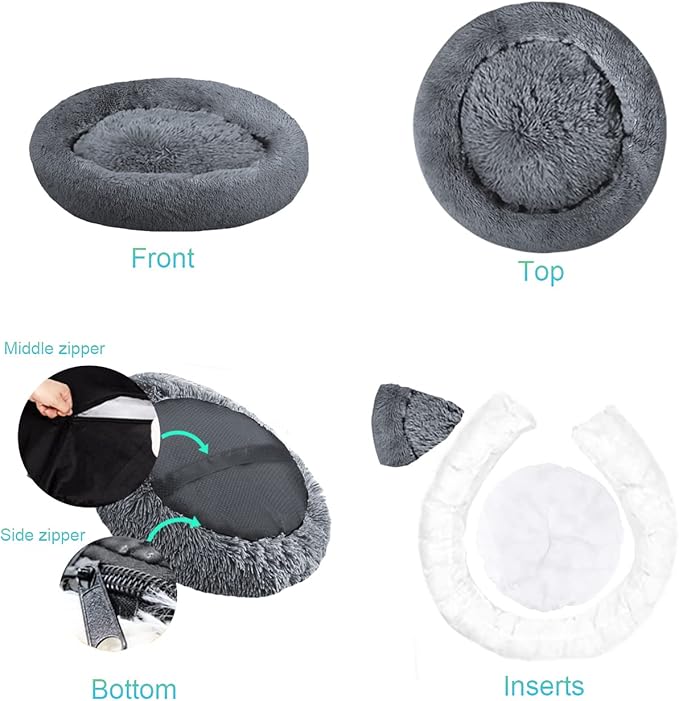 SAVFOX 54 inches Calming Donut Dog Bed - 3X Durable Plush Faux Fur, Machine Washable & Non-Slip, Fits up to 210 lbs, Removable Cover, Dark Grey