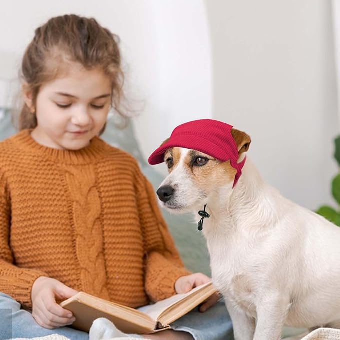 Dog Baseball Cap, Dog Cat Summer Beach Visor Hat with Ear Holes, Adjustable Puppy Sunbonnet Headdress (Red, Medium)