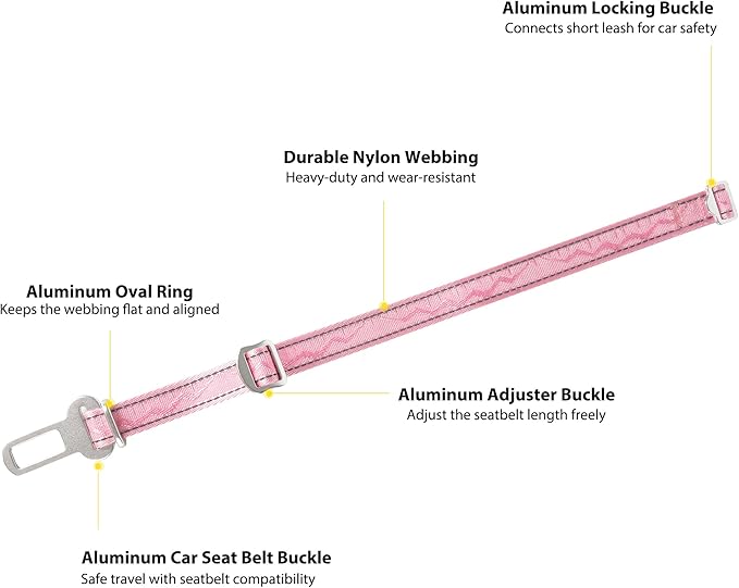Dog Leash and Collar, Dog Seat Belt for Car, Reflective Nylon, Metal Buckle, IP68, Padded Handle Leash, Durable and Comfortable, for Small Medium Large Dogs (Blush Pink, M)