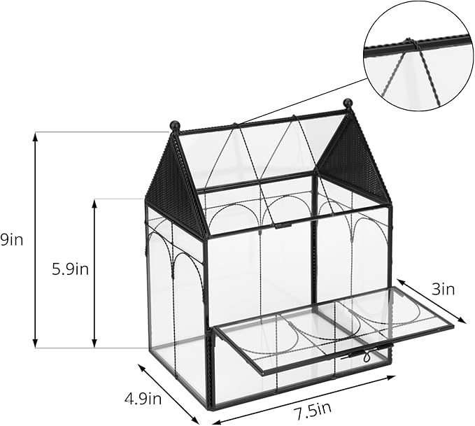 NCYP Glass Jumping Spiders Enclosure with Vent Holes - 7.5" x 4.9" x 9" Vented Glass Terrarium for Small Spider, Mantis, Small Beetle, House Shape, Tabletop Decor, Black (Terrarium Only)