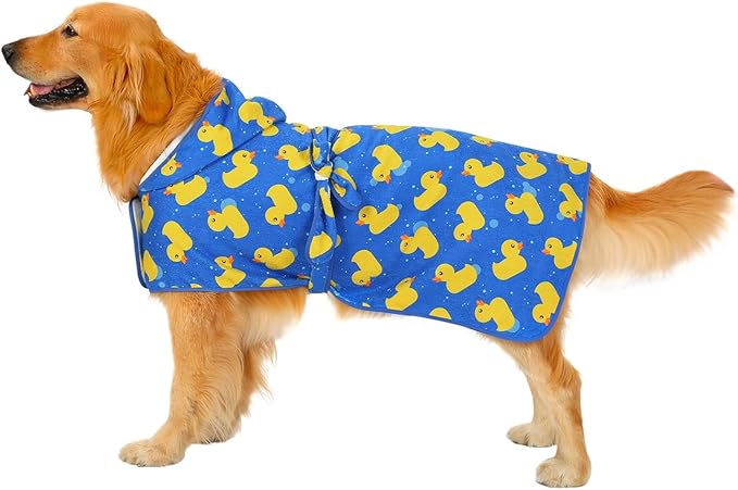 HDE Dog Bathrobe Super Absorbent Quick Drying Puppy Towel Wrap Coat Adjustable After Bath Robes with Hood for Dog Sizes S-XXL Blue Rubber Ducks XL