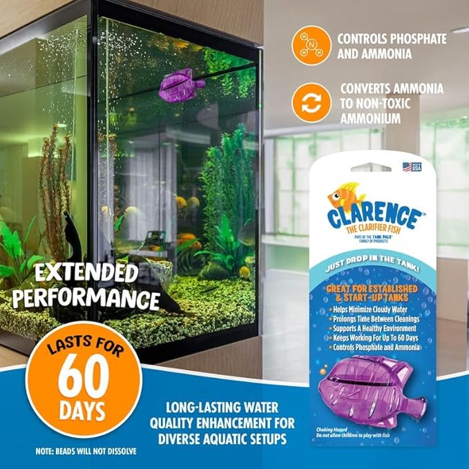 Clarence the Clarifier Fish - 3 pk, Purple - Aquarium Treatment, Clear Cloudy Fresh-Saltwater, Fish-Plant Safe, 10gal Tank Maintenance Each