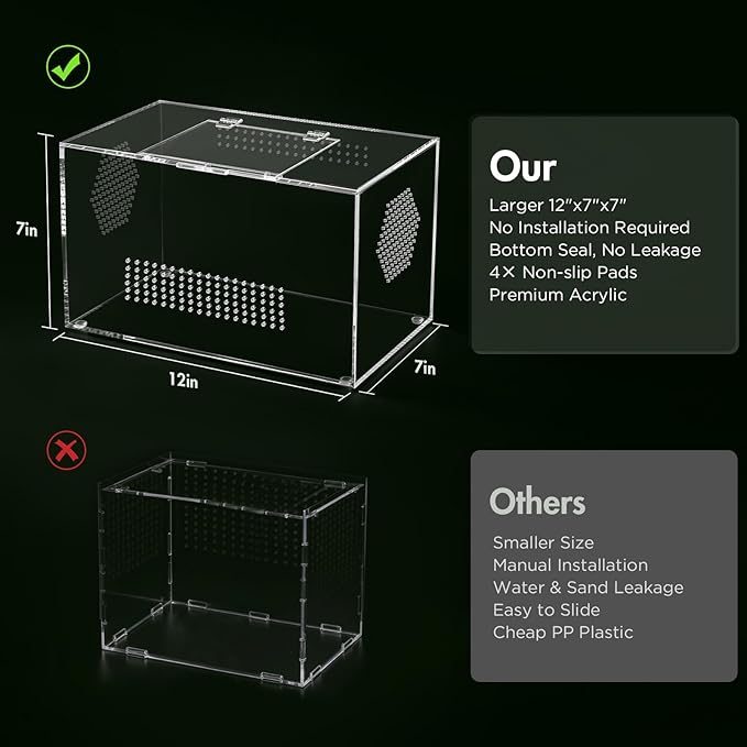 Acrylic Reptile Terrarium, Pre-Assembled Tarantula Enclosure with All-Side Ventilation & Magnetic Door, Tank for Spider, Gecko, Mantis, Frog, Snail, Isopods, 12"x7"x7" (Tweezer & Hygrometer Included)