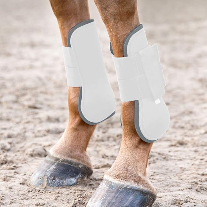 HORZE Chicago Protective Horse Tendon Boots - Lightweight Open Front Boots for Jumping, Trail Riding, and Turnout (Pair) - White/Grey - Pony