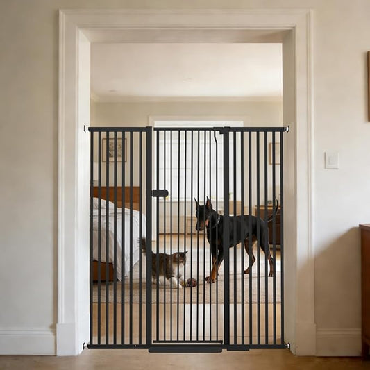Lumizone Extra Tall Cat Gate 55.12" High Pressure Mounted Extra Wide 2025 New (17 Sizes) 1.37" Gap No Drilling Auto-Close One-Handed Operation Tall Pet Gate for Dogs(Black, 55.12" H x 29.92"-59.44" W)