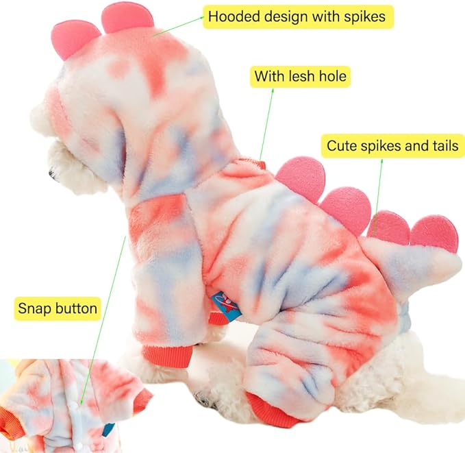 Dinosaur Dog Clothes for Small Puppy Girl, Boy: Fleece Winter Puppy Coat with Leash Ring, Cat Costume for Cold Weather, Funny Dinosaur Costume for Christmas, Halloween. (Pink, X-Large)